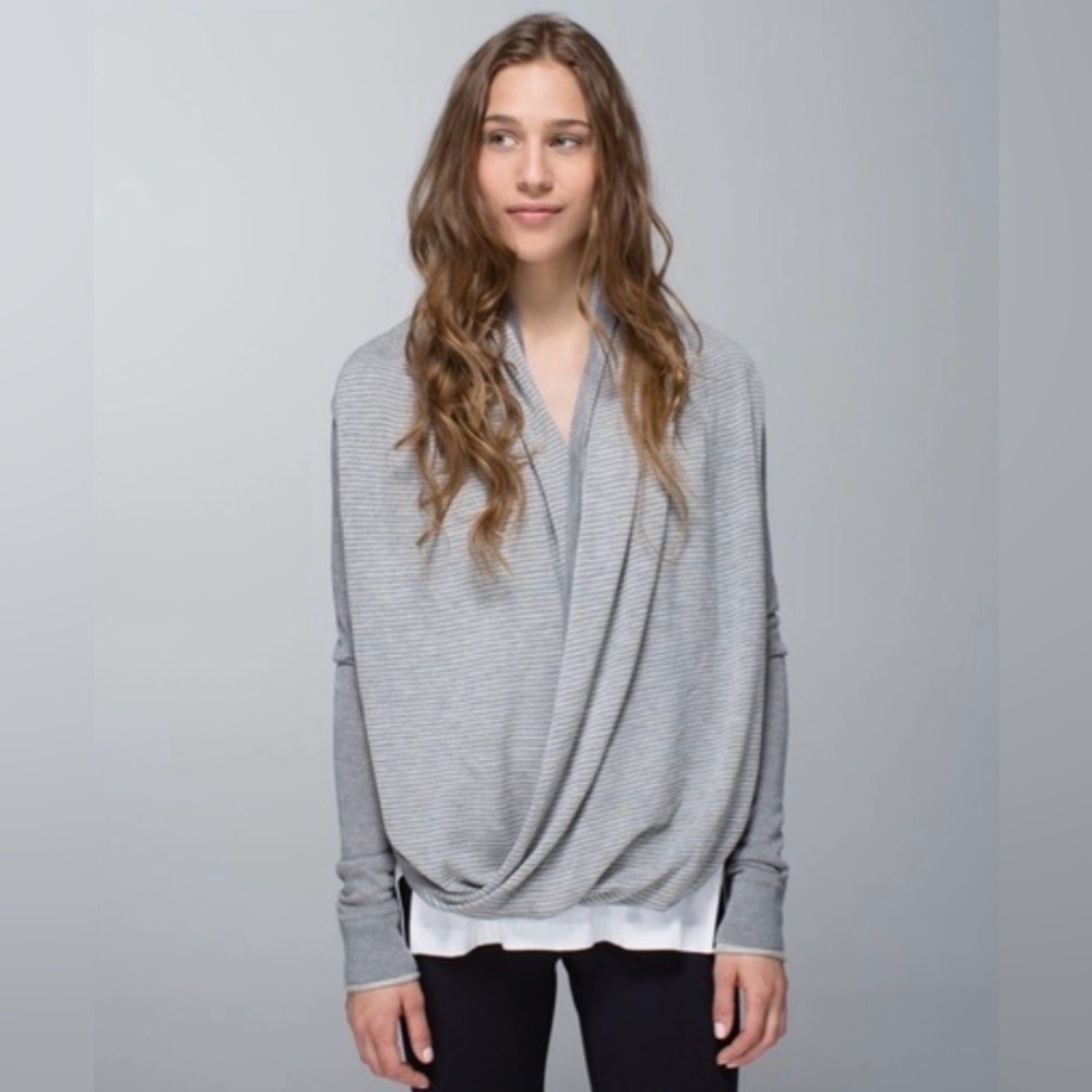 Lululemon grey and white strip front twist wrap sweater size medium
